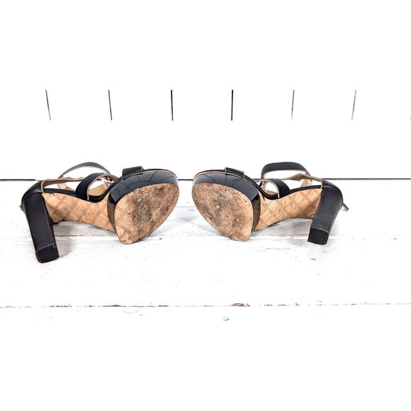 Black leather high heel platform open toe ankle strap heels - Picture 8 of 9